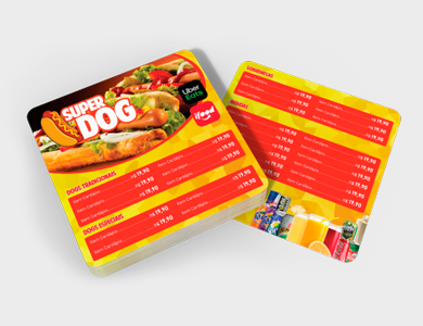 Cardápio com 2 Páginas (1 Folha) em PVC 0,76mm Cristal Frente e Verso 14,4x14,4cm - 4x4 - 25 unid